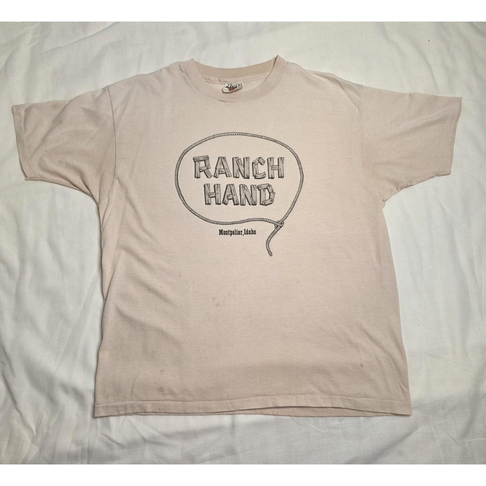 Vintage Hanes Ranch Hand Shirt Mens XL Beige Montpelier Idaho Western Tee